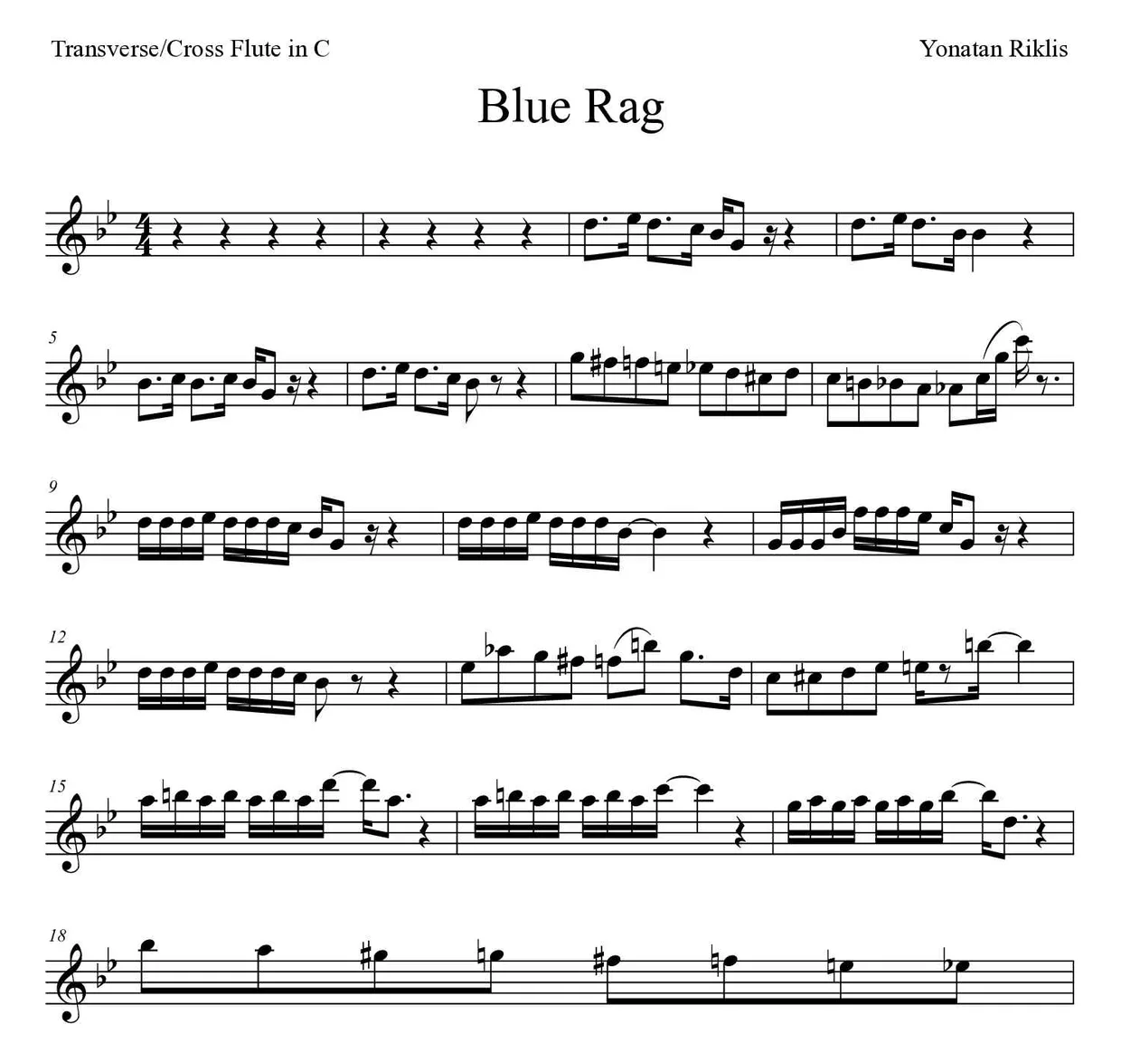 Spartito di Blue Rag per flute, prime righe