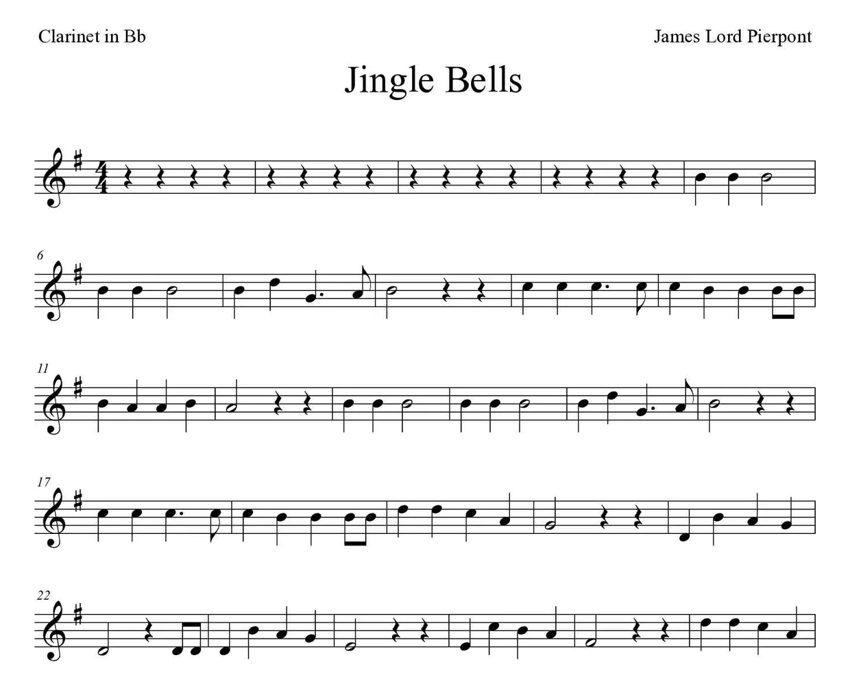 Bladmuziek van Jingle Bells voor clarinet, eerste regels