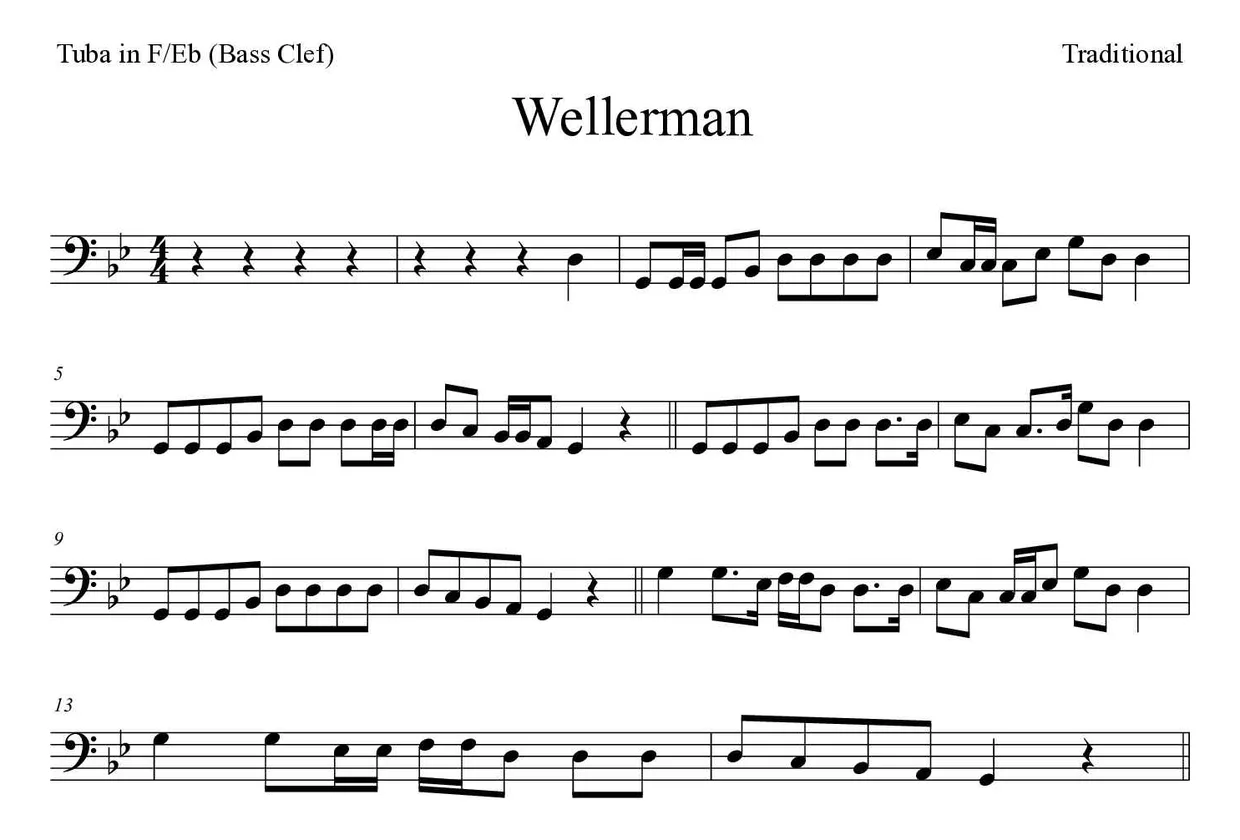 Spartito di Wellerman per tuba in F/Eb (bass clef), prime righe