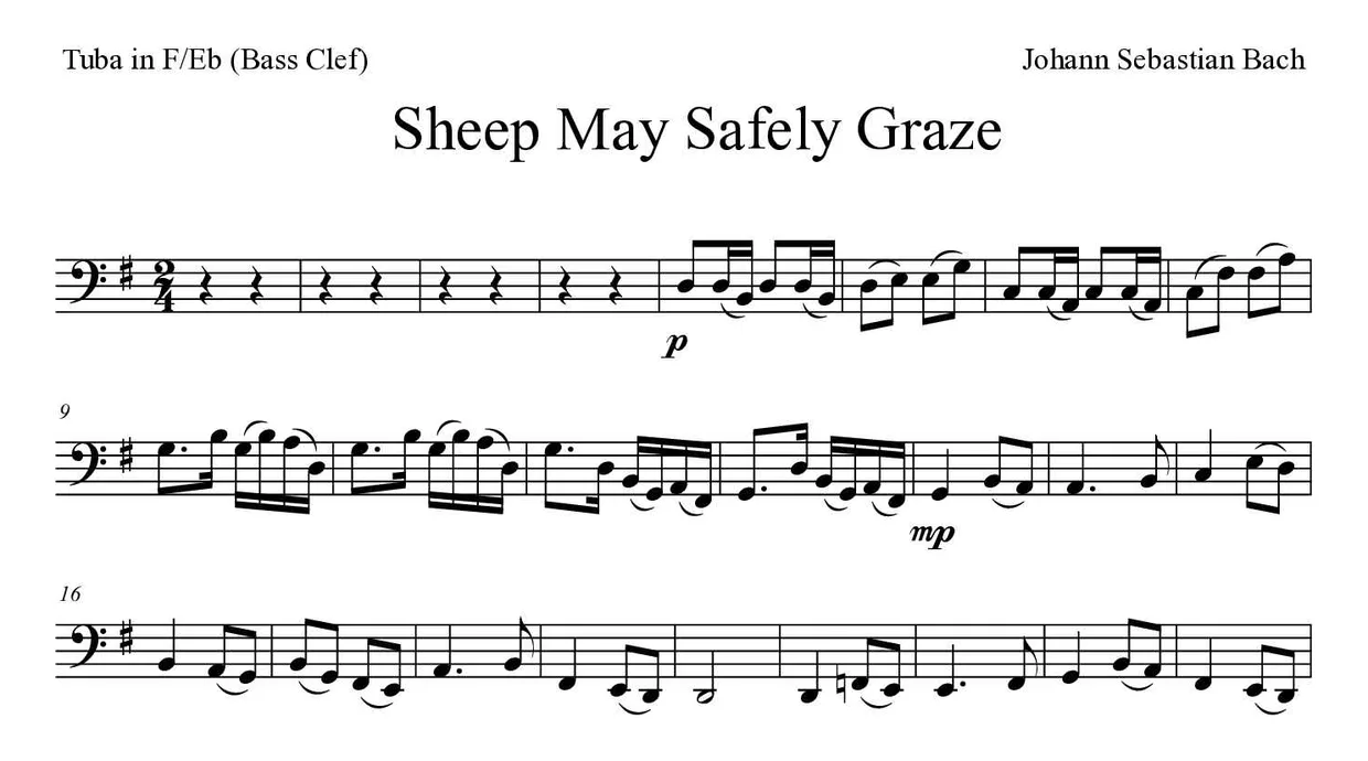 Spartito di Sheep May Safely Graze per tuba in F/Eb (bass clef), prime righe
