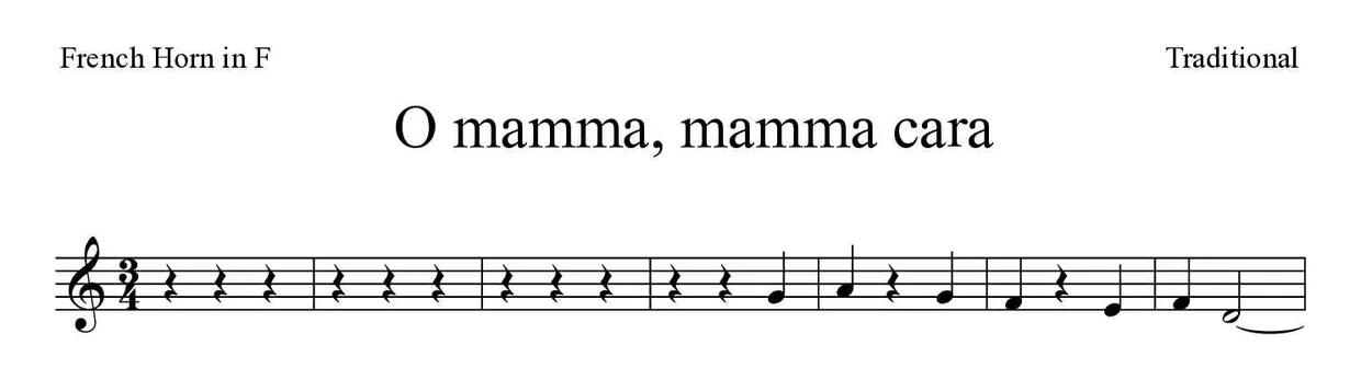 Partitura de O mamma, mamma cara para trompa, primeras líneas