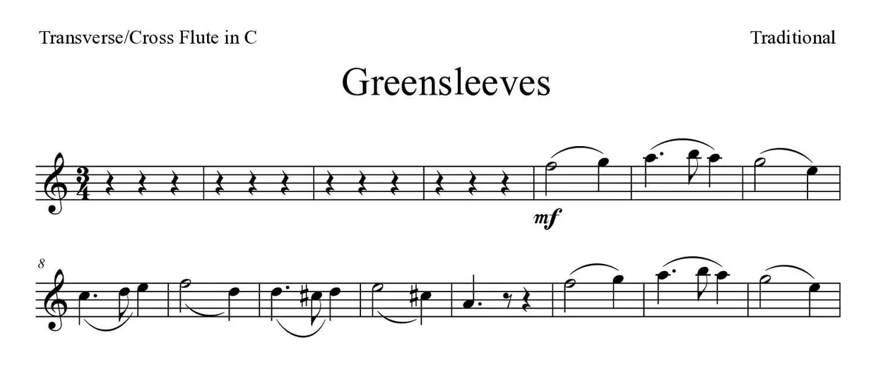 Sheet music of Greensleeves for flute (Medium), first lines