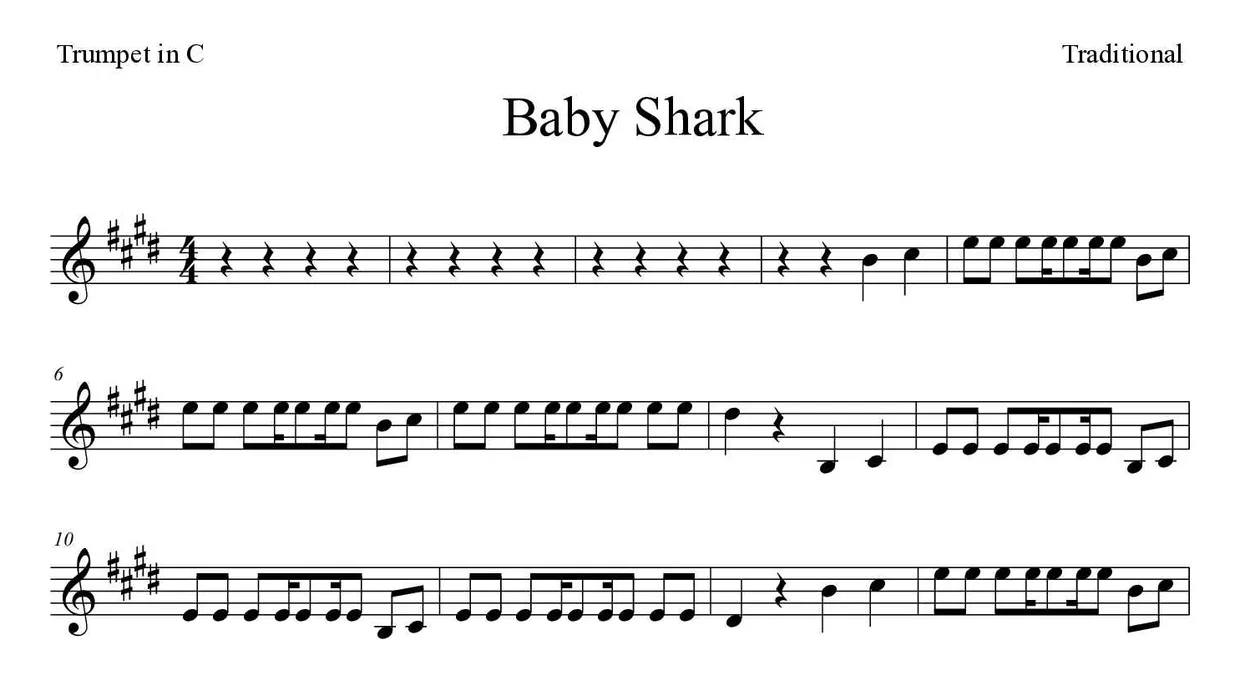 Spartito di Baby Shark per trumpet in C, prime righe