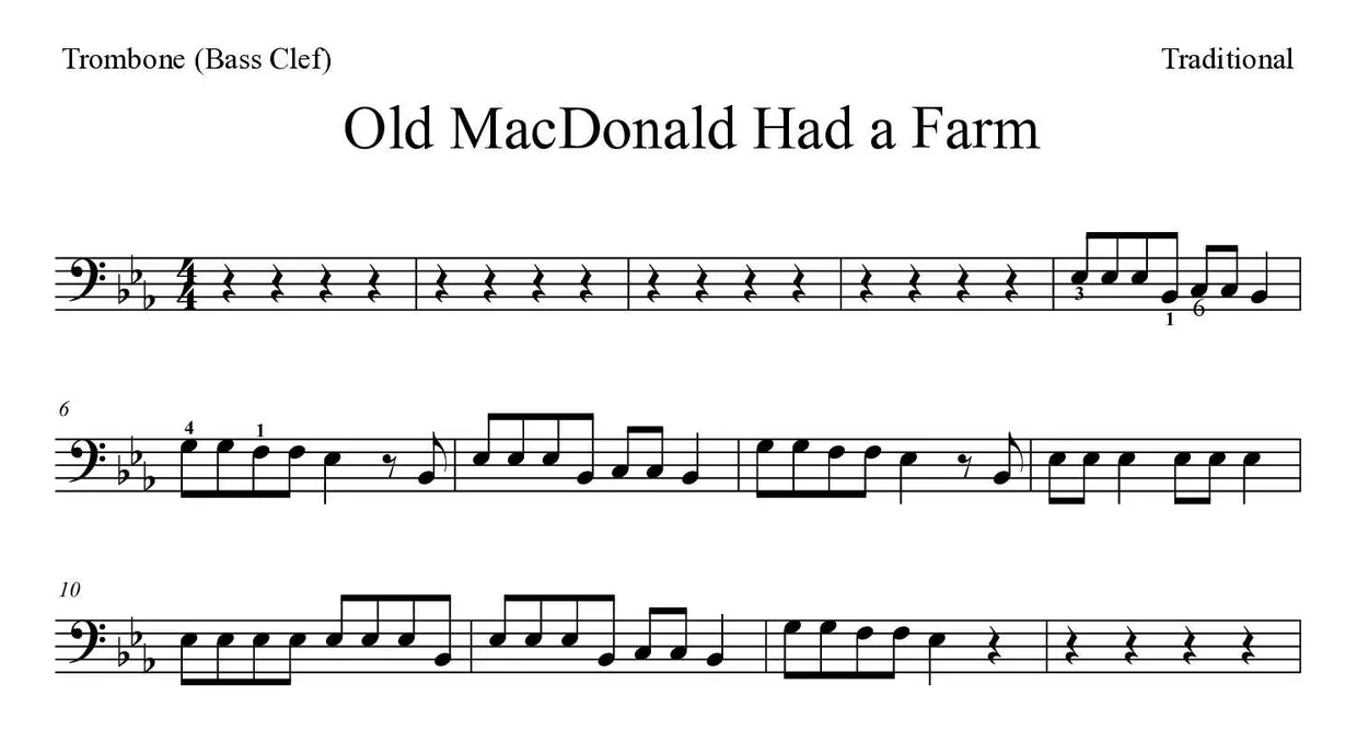 「Old MacDonald Had a Farm」Trombone用楽譜の最初の数段
