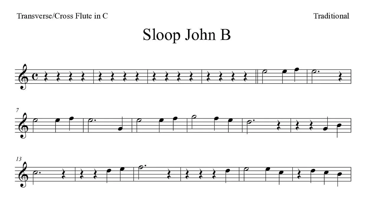 Spartito di Sloop John B per flute, prime righe