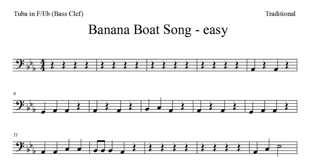 Spartito di Banana Boat Song - easy per tuba in F/Eb (bass clef), prime righe