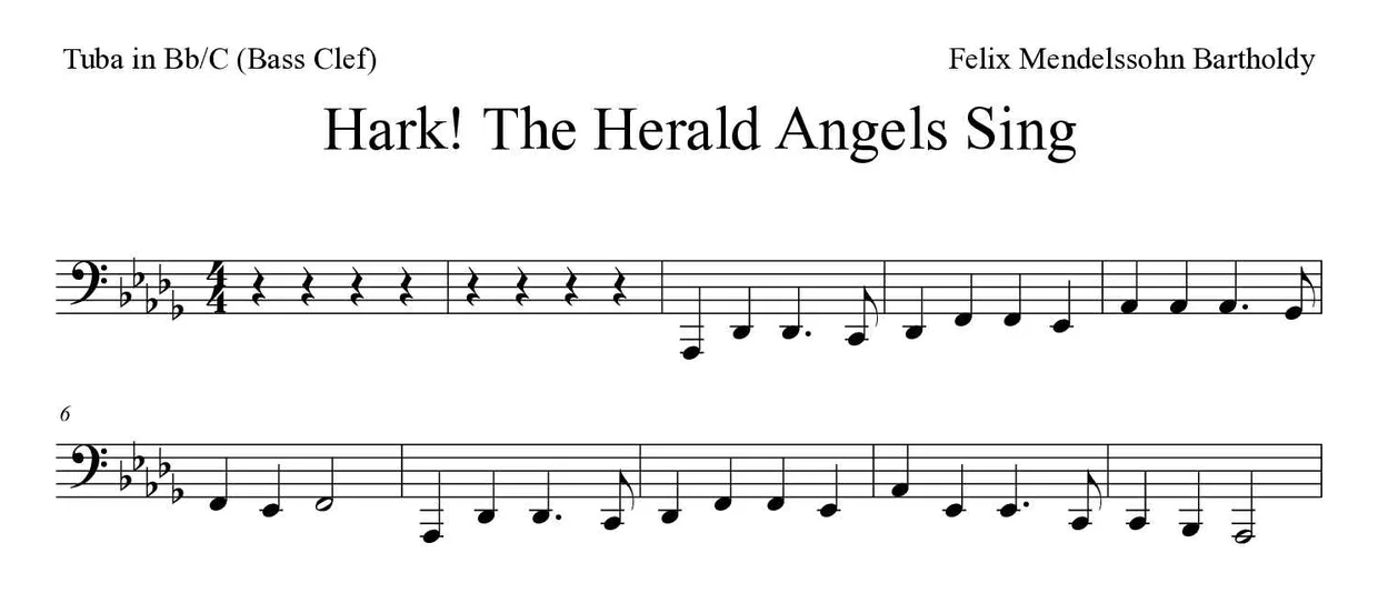 ‘Hark! The Herald Angels Sing’ Tuba in Bb/C (Bass Clef) 악보의 첫 몇 줄