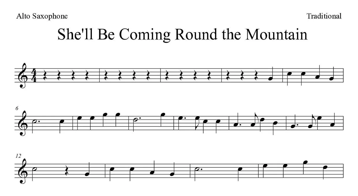 ‘She'll Be Coming Round the Mountain’ Alto Saxophone 악보의 첫 몇 줄
