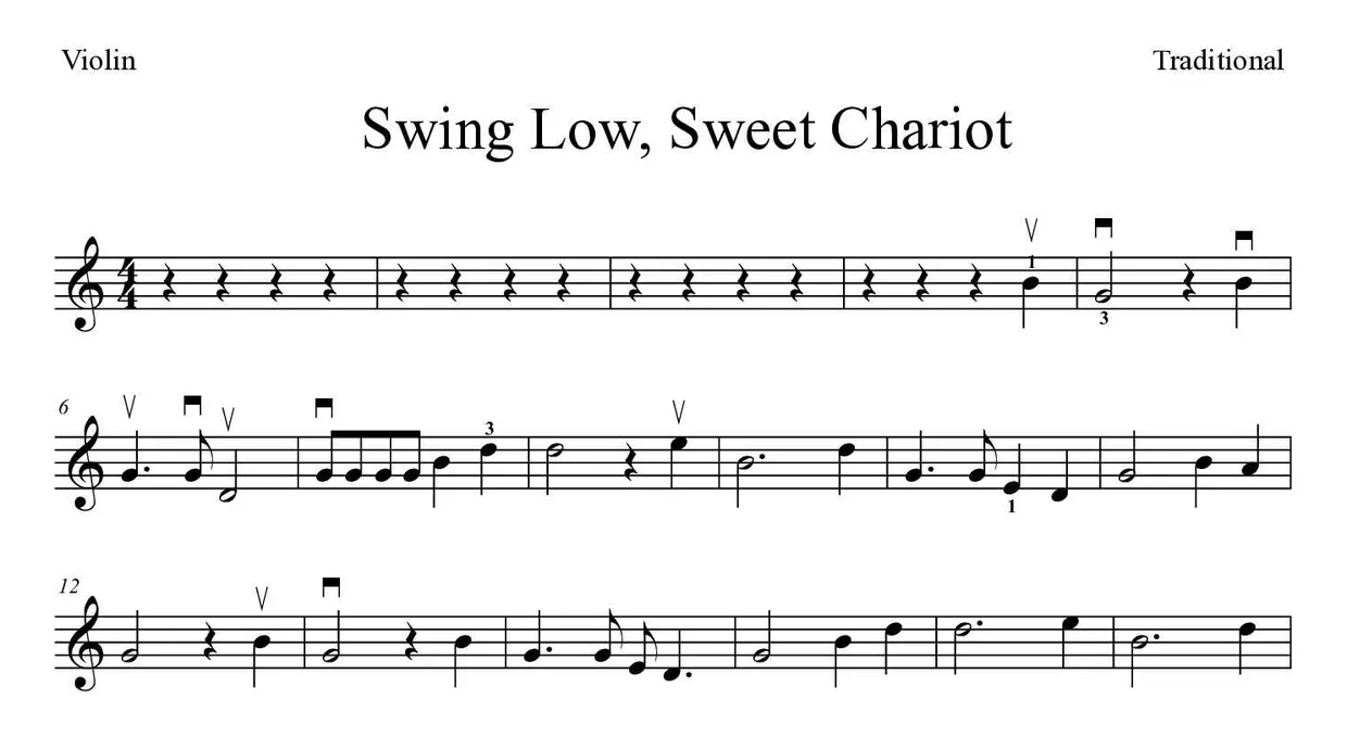 Bladmuziek van Swing Low, Sweet Chariot voor violin, eerste regels