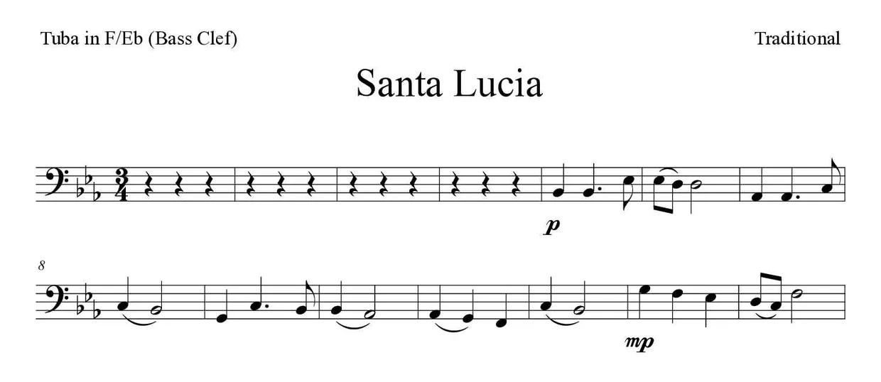 《Santa Lucia》F/Eb大号(低音谱号)乐谱前几行