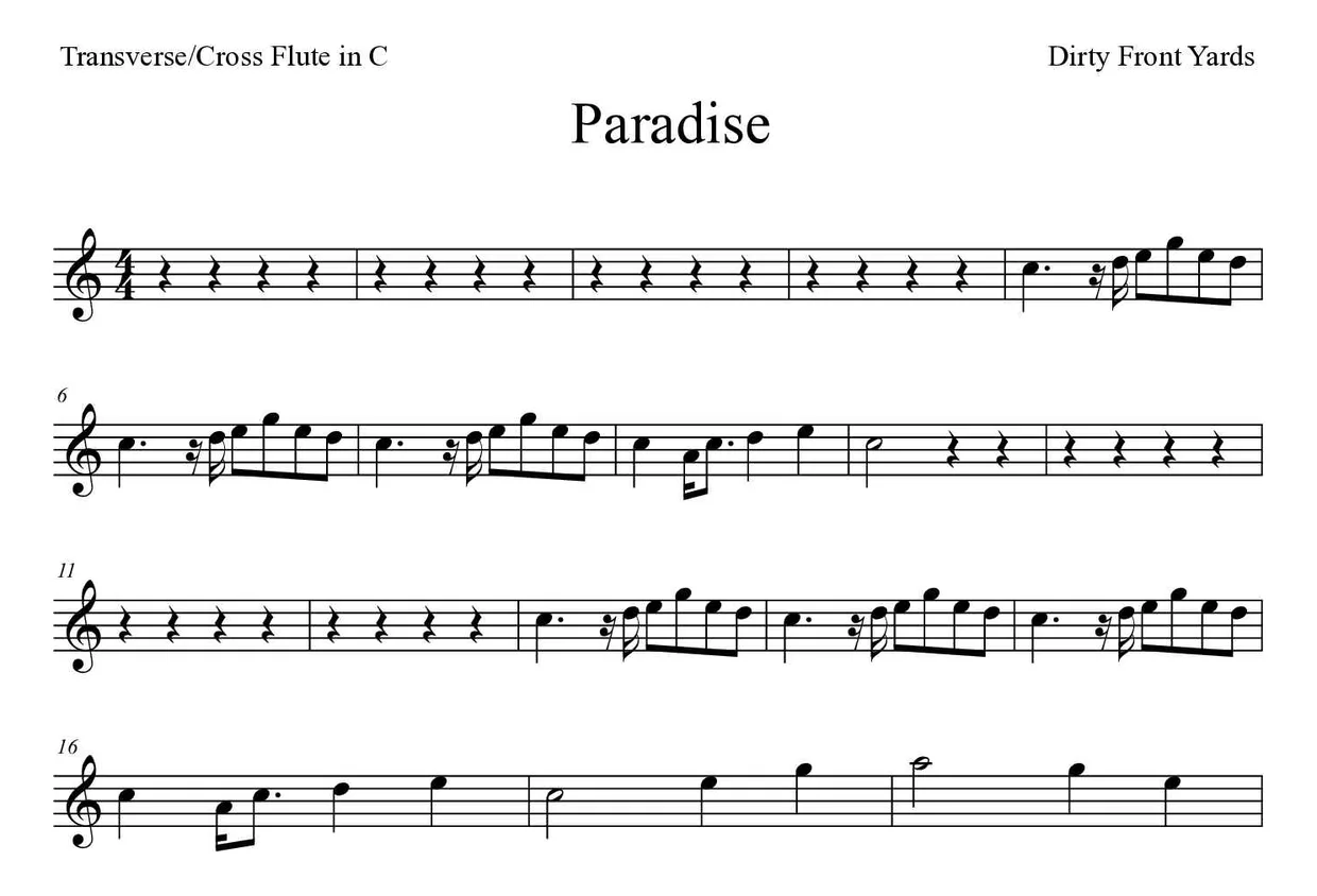 ‘Paradise’ Flute 악보의 첫 몇 줄