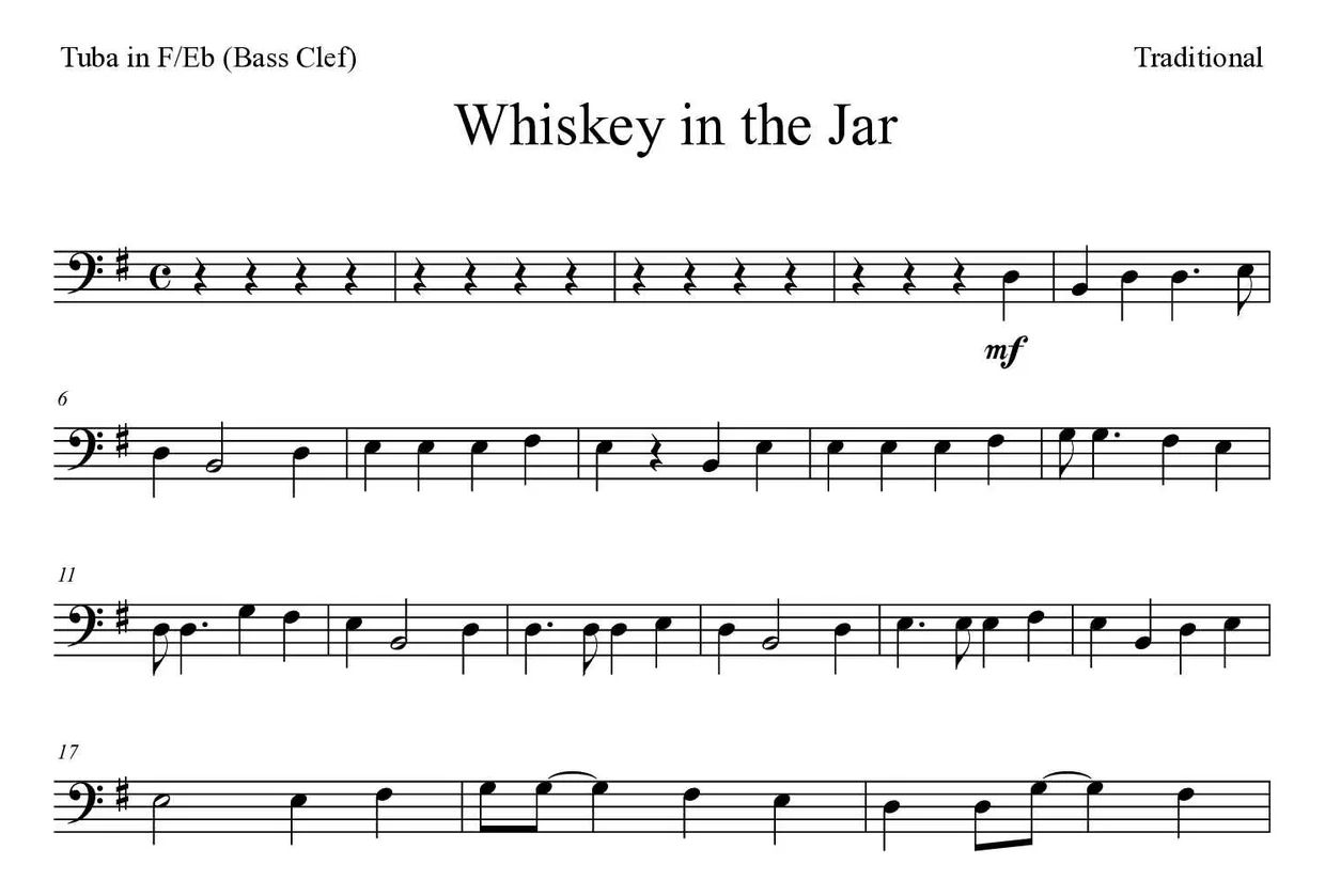 Spartito di Whiskey in the Jar per tuba in F/Eb (bass clef), prime righe