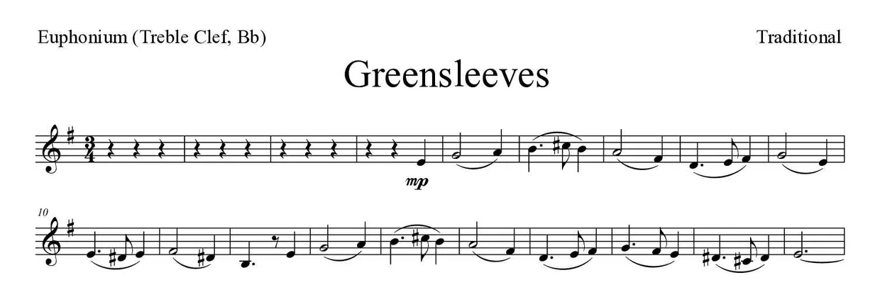 Partitura de Greensleeves para eufónio (clave de Sol, Sib), primeiras linhas