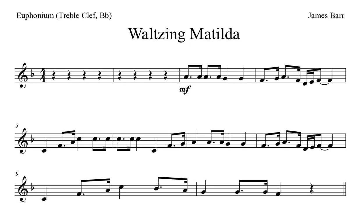 ‘Waltzing Matilda’ Euphonium (Treble Clef, Bb) 악보의 첫 몇 줄
