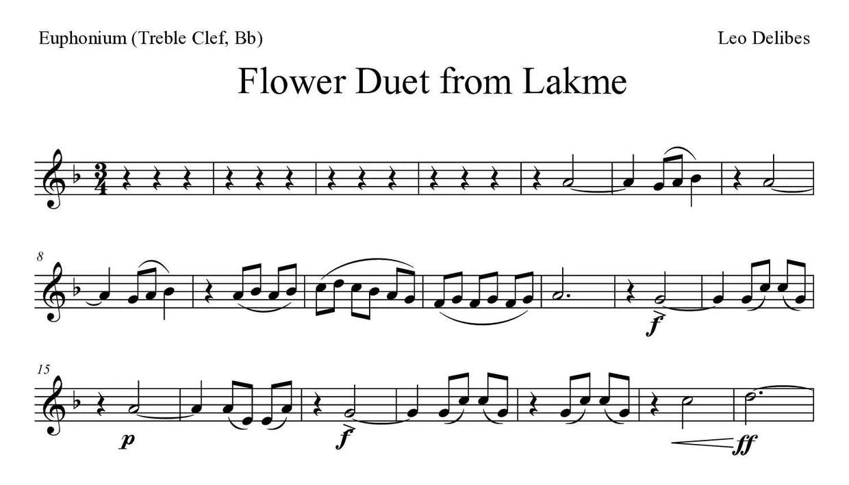 Partitura de Flower Duet from Lakme para bombardino (clave de Sol, Sib), primeras líneas