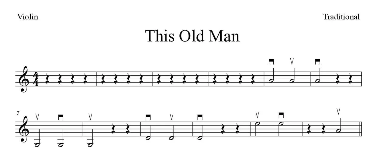 Sheet music of This Old Man for violin (Easy), first lines