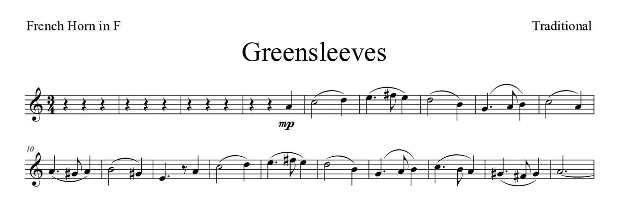 Partitura de Greensleeves para trompa, primeiras linhas