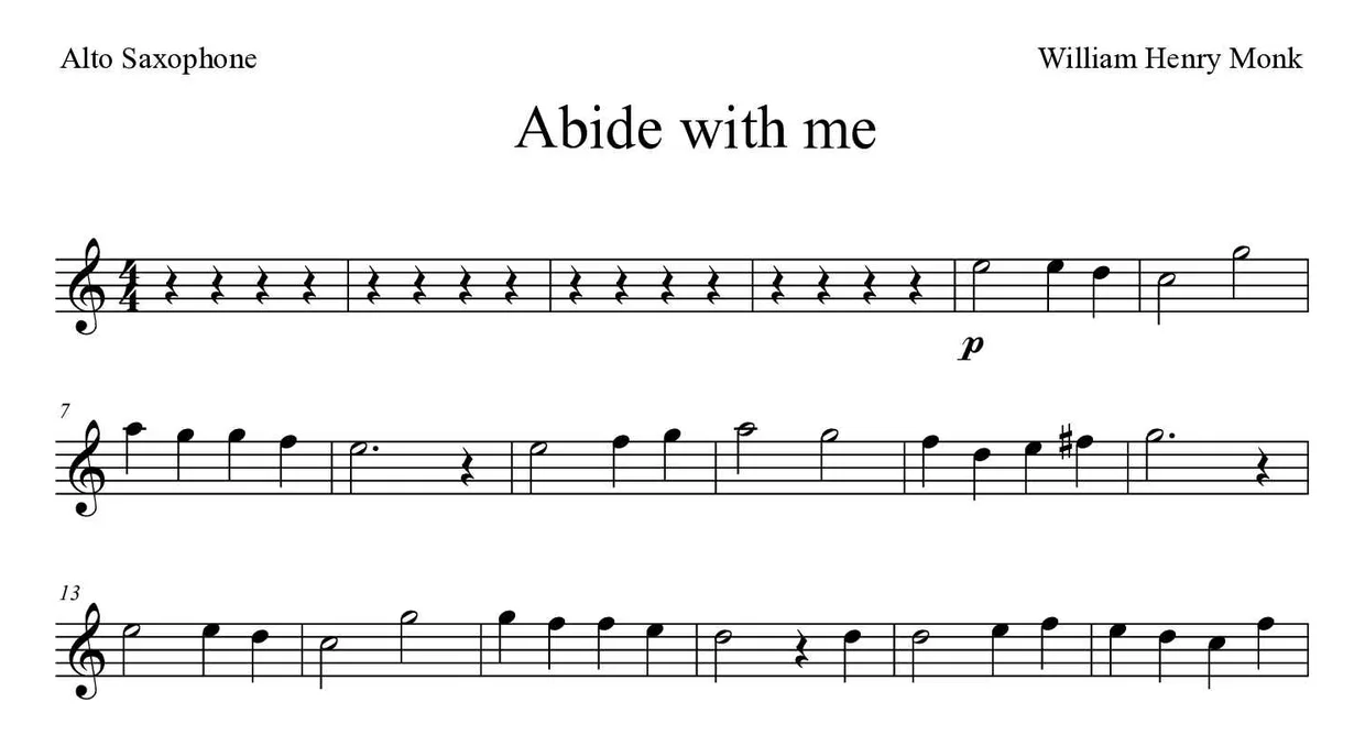 「Abide with me」Alto Saxophone用楽譜の最初の数段