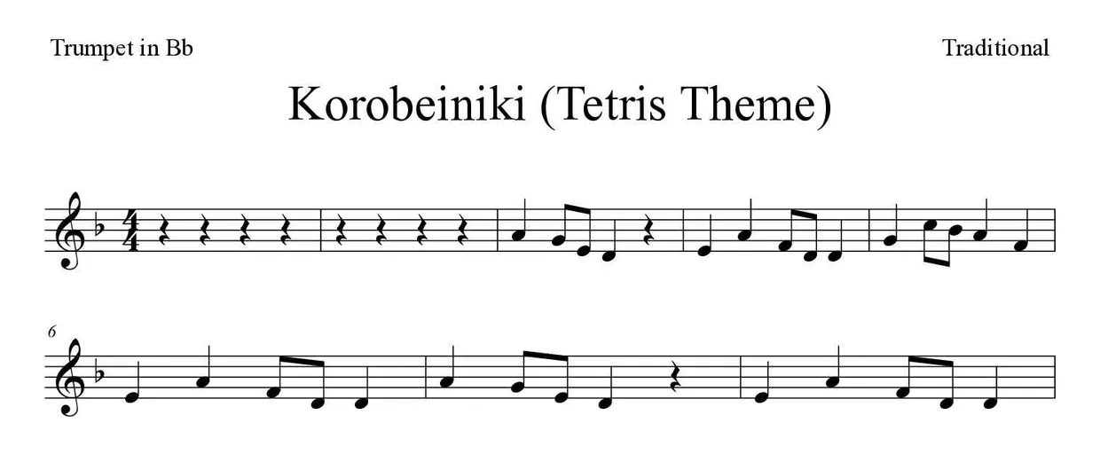Partitura de Korobeiniki (Tetris Theme) para trompete em Sib, primeiras linhas