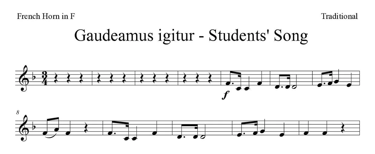 ‘Gaudeamus igitur - Students' Song’ French Horn 악보의 첫 몇 줄