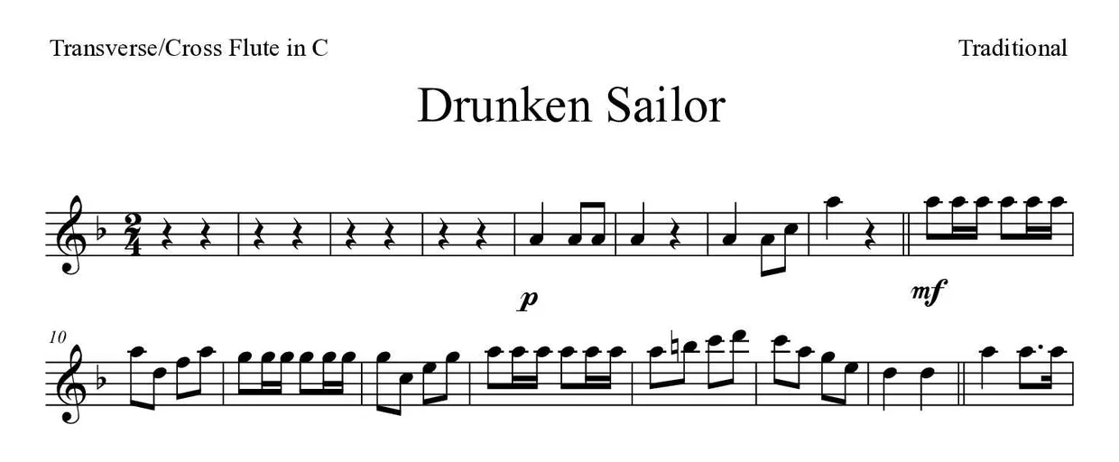 Spartito di Drunken Sailor per flute, prime righe