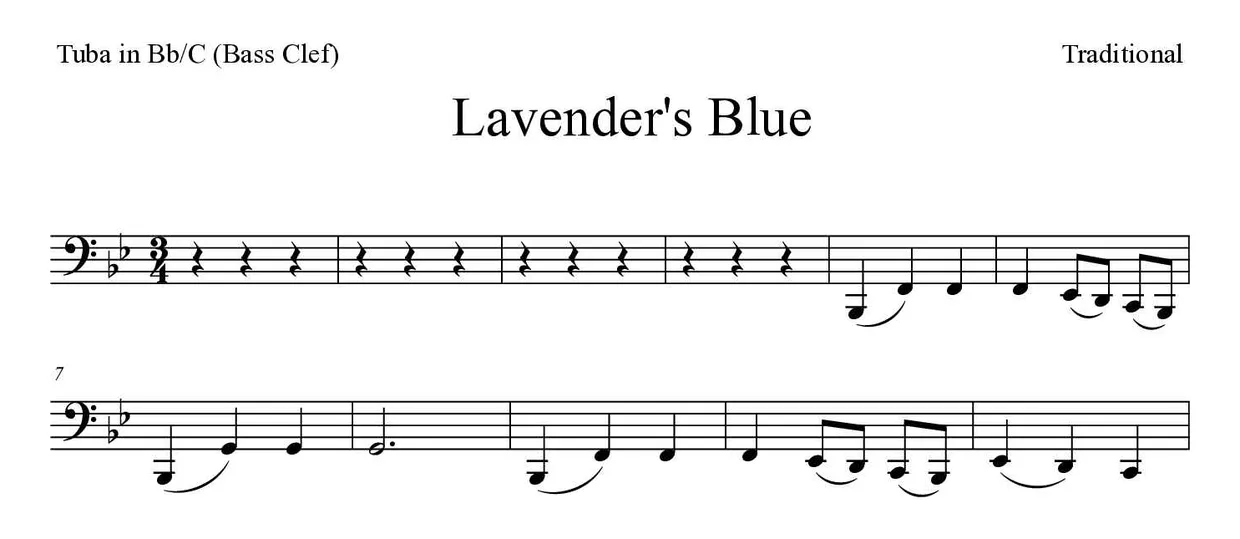 Spartito di Lavender's Blue per tuba in Bb/C (bass clef), prime righe