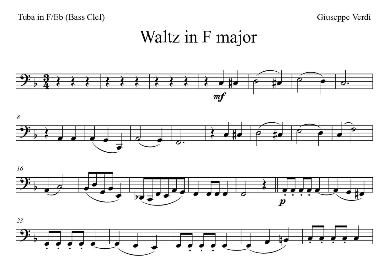 Partitura de Waltz in F major para tuba en Fa/Mib (clave de Fa), primeras líneas