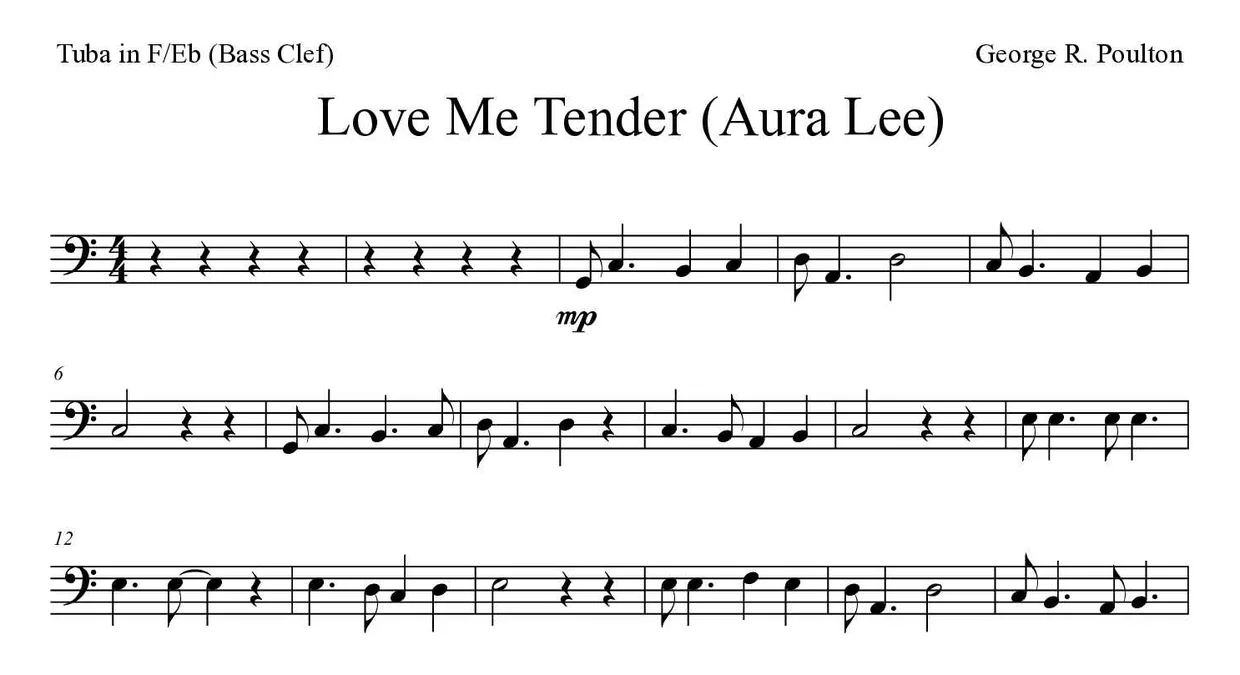 Noten von Aura Lee für Tuba in F/Es (Bassschlüssel) (Mittel), erste Zeilen