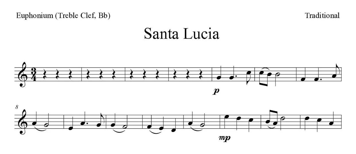 「Santa Lucia」Euphonium (Treble Clef, Bb)用楽譜の最初の数段