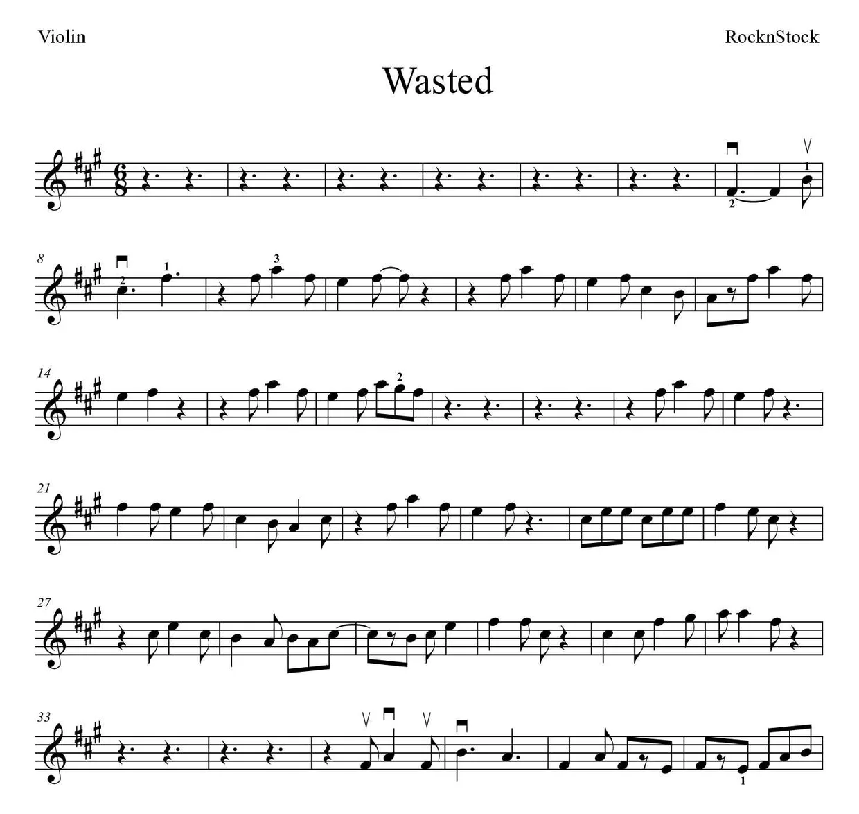 Partition de Wasted pour violon, premières lignes
