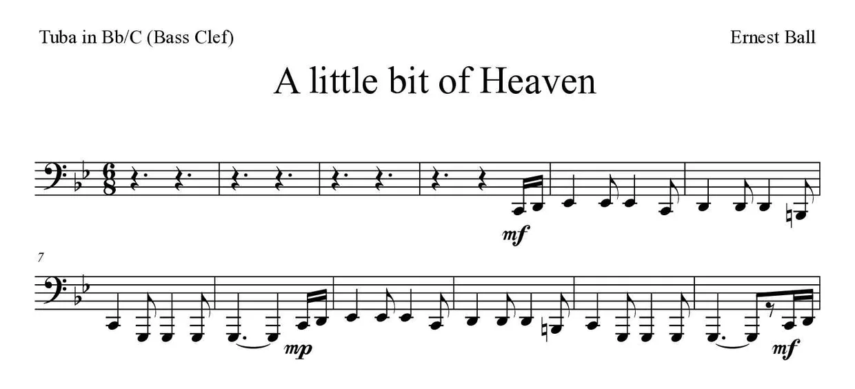 Sheet music of A little bit of Heaven for tuba in Bb/C (bass clef) (Medium), first lines