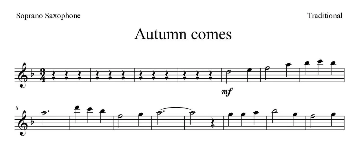 Noten von Autumn comes für Sopransaxophon (Schwer), erste Zeilen