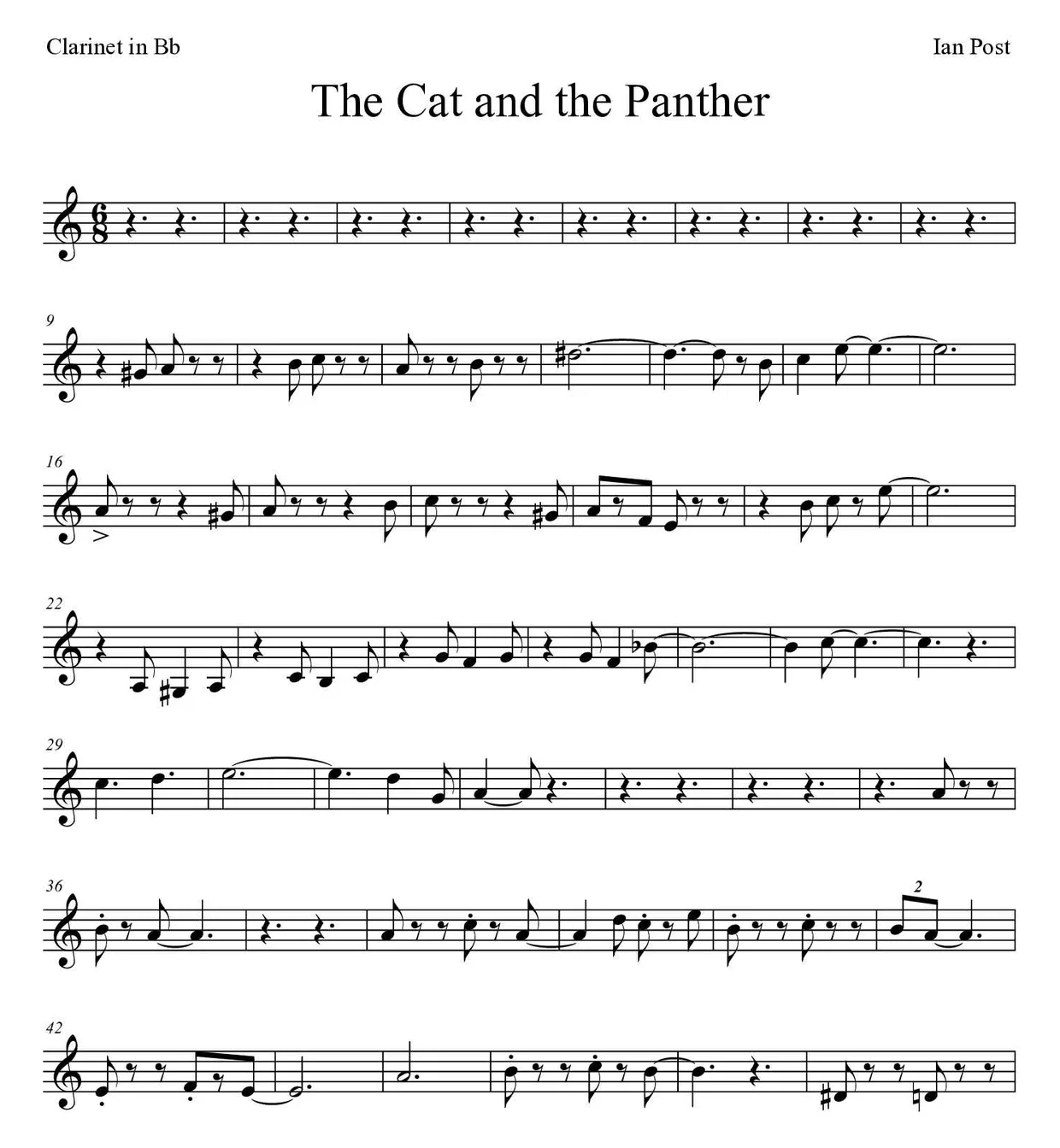 Sheet music of The Cat and the Panther for clarinet (Expert), first lines