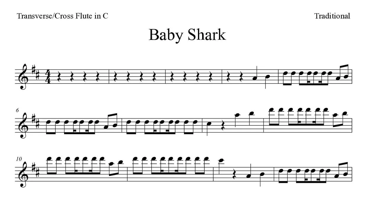 Sheet music of Baby Shark for flute (Hard), first lines