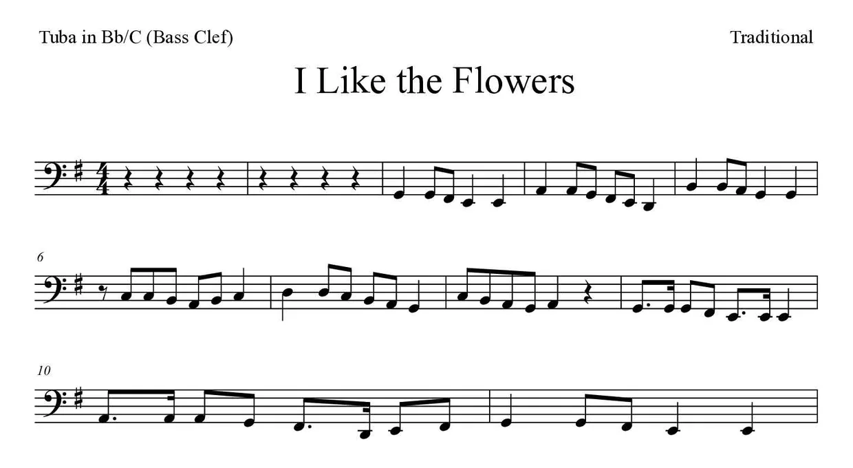 Partitura de I Like the Flowers para tuba em Sib/Do (clave de Fa), primeiras linhas