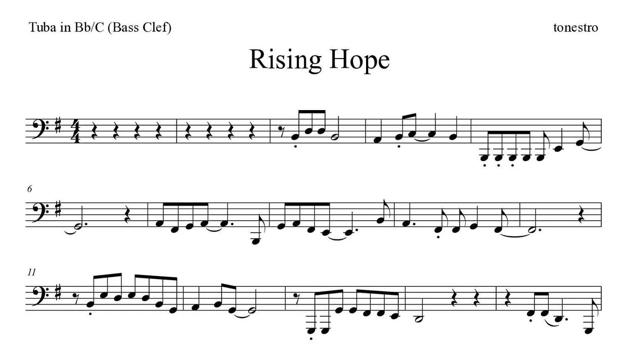 Partitura de Rising Hope para tuba en Sib/Do (clave de Fa), primeras líneas
