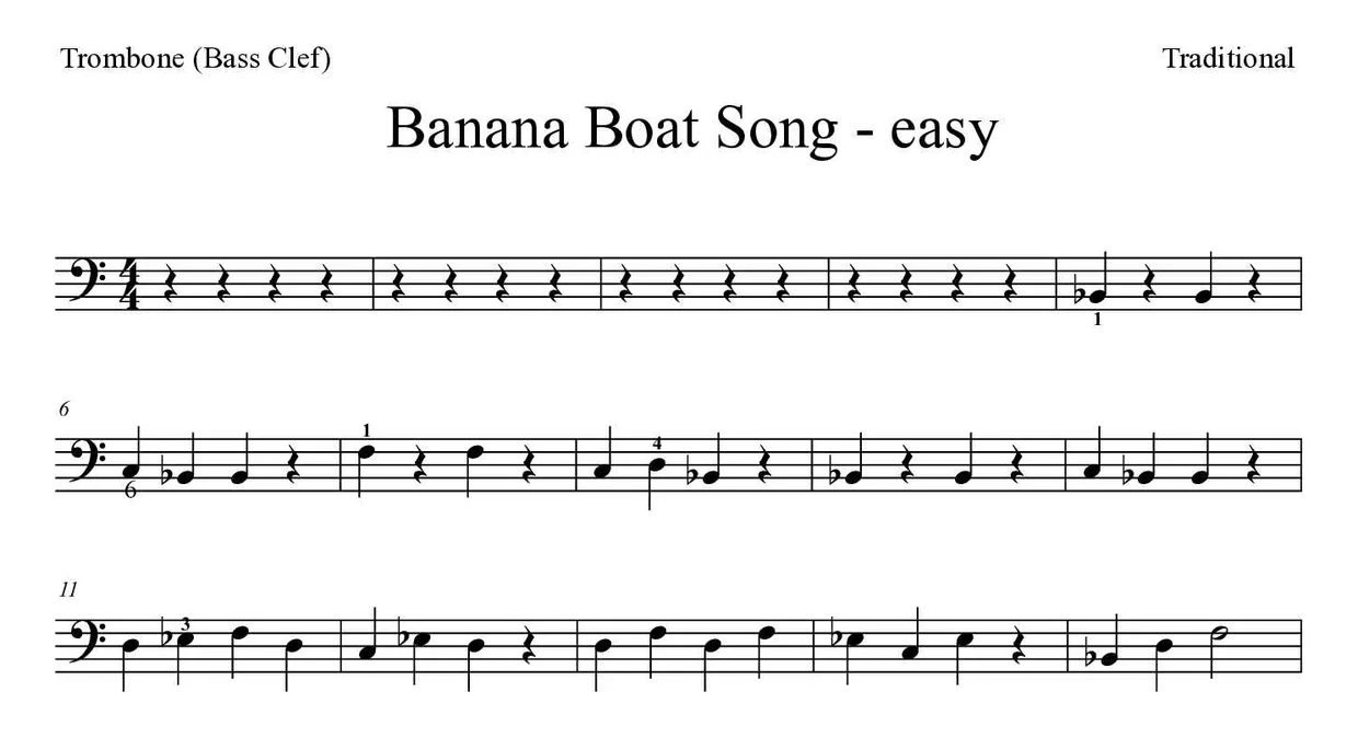 Noten von Banana Boat Song für Posaune (Einfach), erste Zeilen