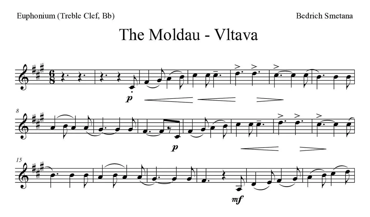 「The Moldau - Vltava」Euphonium (Treble Clef, Bb)用楽譜の最初の数段