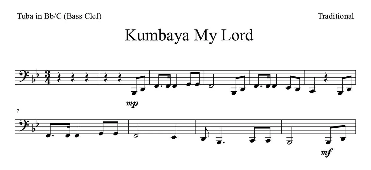 Noten von Kumbaya My Lord für Tuba in B/C (Bassschlüssel) (Mittel), erste Zeilen