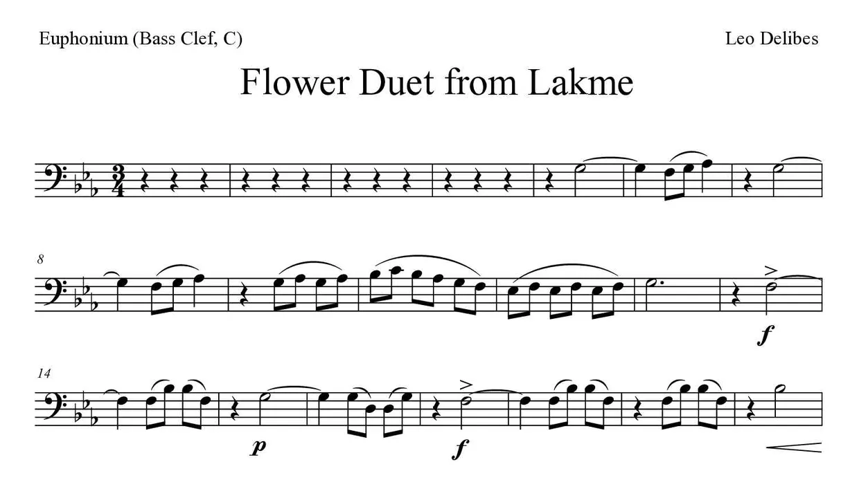 Sheet music of Flower Duet from Lakme for euphonium (bass clef, C) (Hard), first lines
