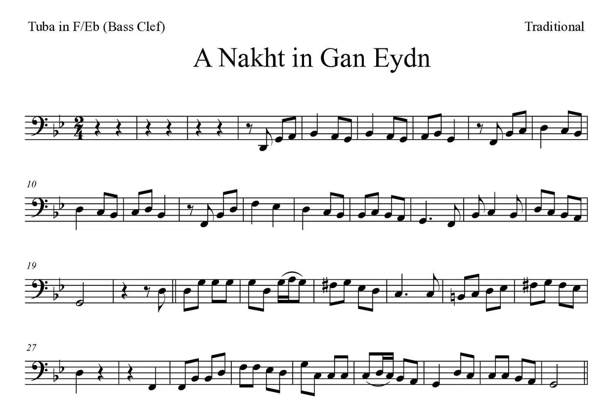 Partitura de A Nakht in Gan Eydn para tuba en Fa/Mib (clave de Fa), primeras líneas