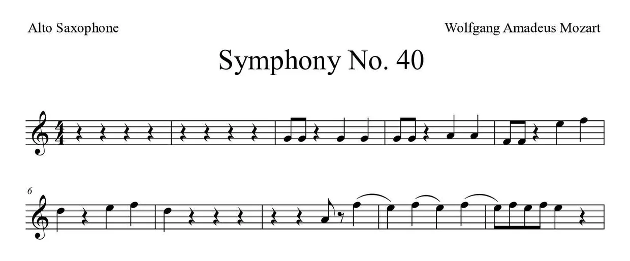 Sheet music of Symphony No. 40 for alto saxophone (Easy), first lines