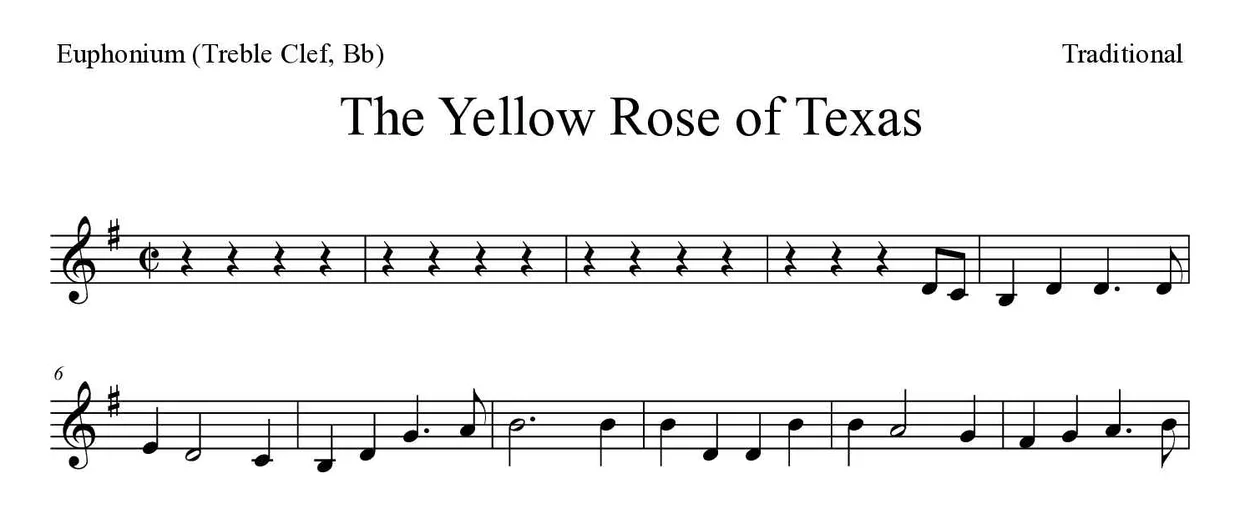 Bladmuziek van The Yellow Rose of Texas voor euphonium (treble clef, Bb), eerste regels