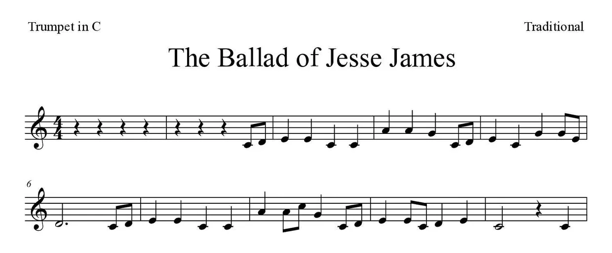 Partitura de The Ballad of Jesse James para trompete em Do, primeiras linhas