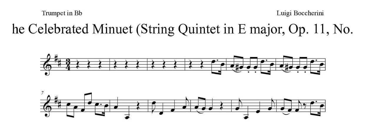 Noten von The Celebrated Minuet (String Quintet in E major, Op. 11, No. 5) für Trompete in B (Schwer), erste Zeilen