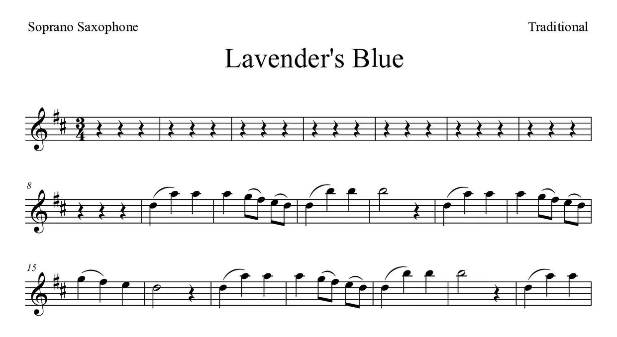‘Lavender's Blue’ Soprano Saxophone 악보의 첫 몇 줄