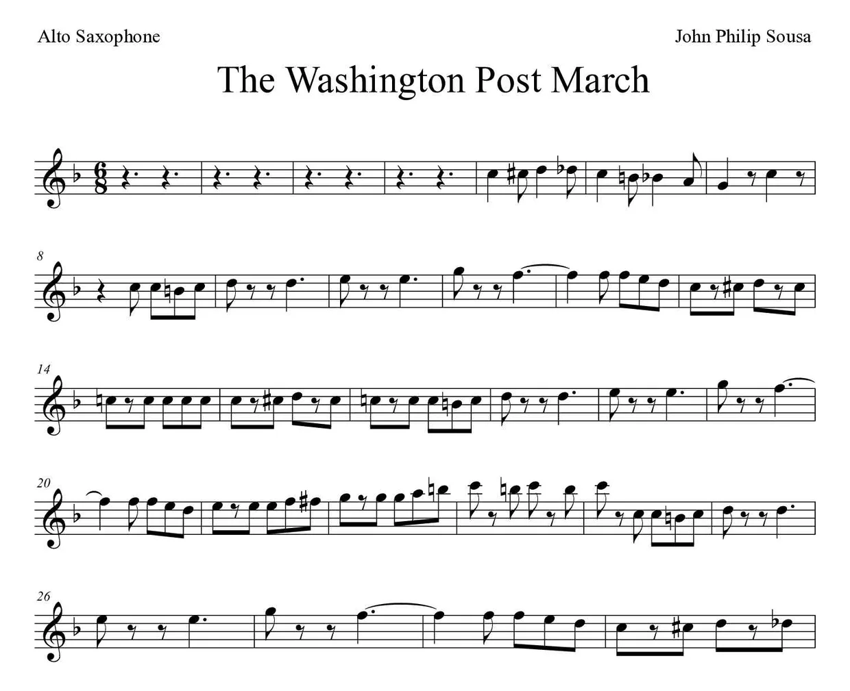 Sheet music of The Washington Post March for alto saxophone (Expert), first lines