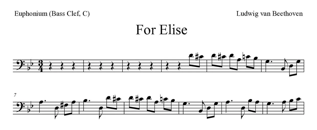 ‘For Elise’ Euphonium (Bass Clef, C) 악보의 첫 몇 줄
