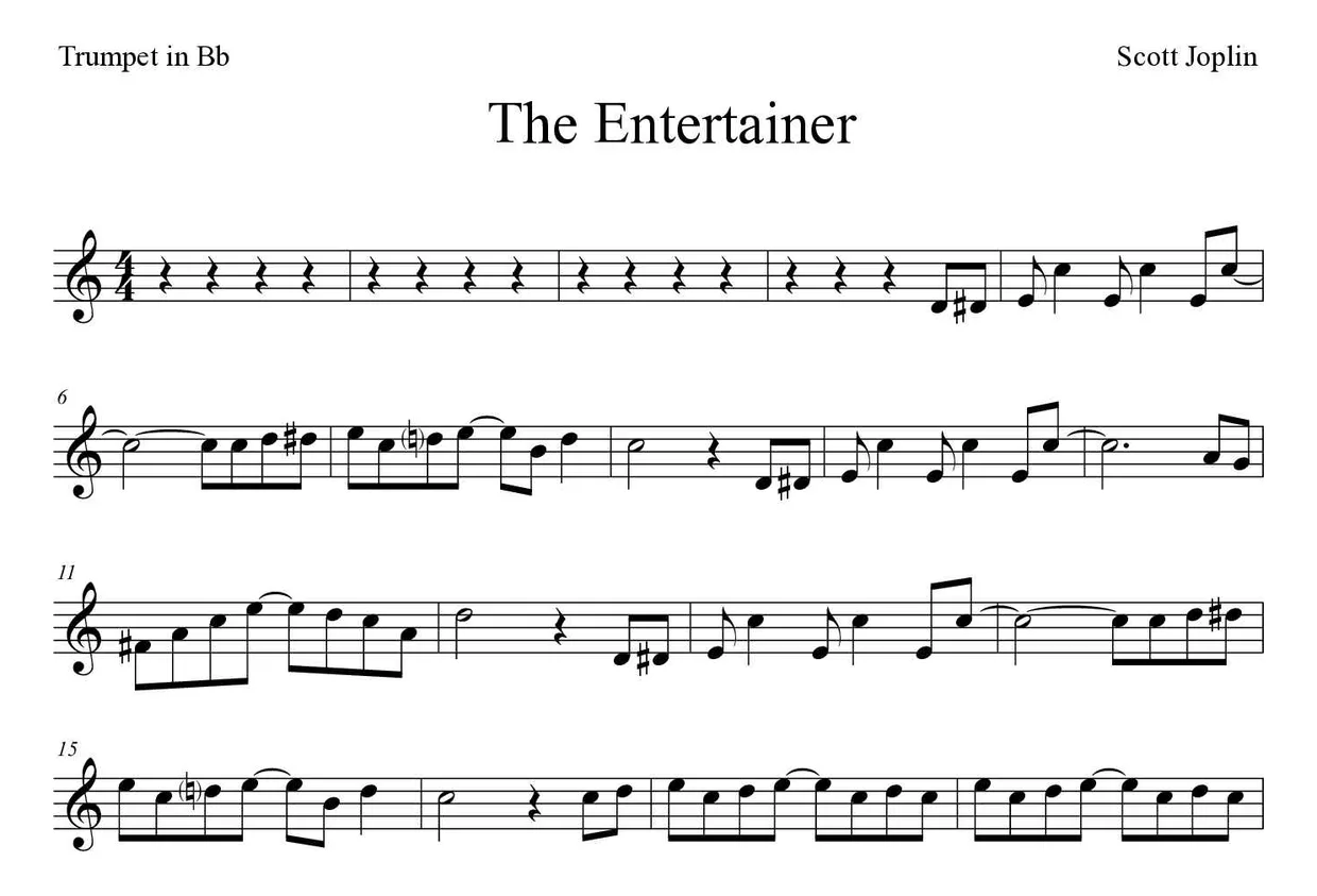 Partitura de The Entertainer para trompeta en Sib, primeras líneas