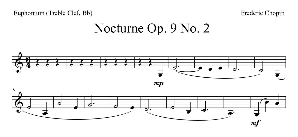 Bladmuziek van Nocturne Op. 9 No. 2 voor euphonium (treble clef, Bb), eerste regels